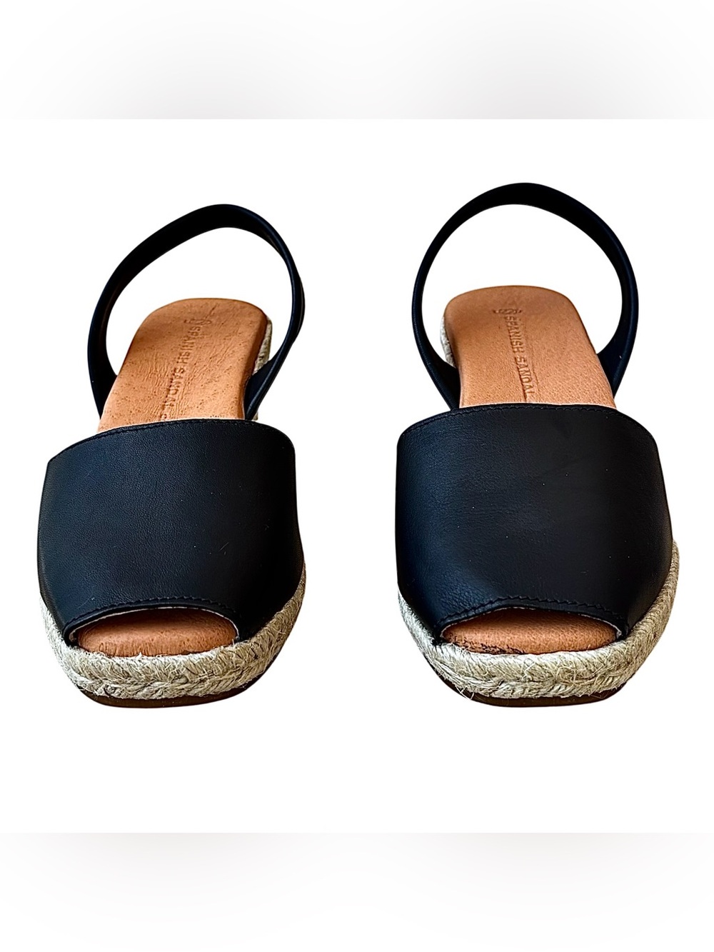 Nwob Spanish Sandal Co Black Leather Espadrille Wedge Sandals View 5